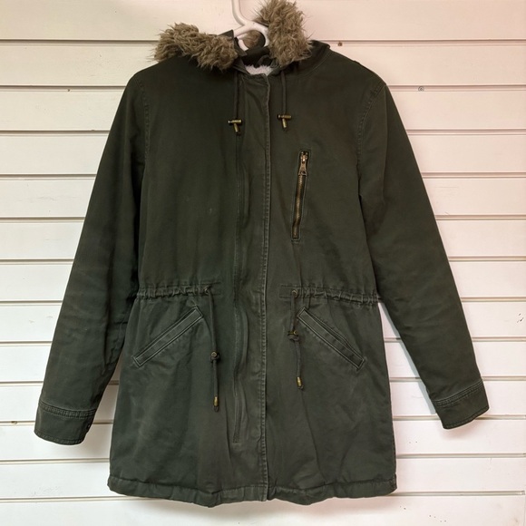 Banana Republic Womens Small Faux Fur Twill Parka Green Warm Super Soft Cotton - Picture 1 of 8